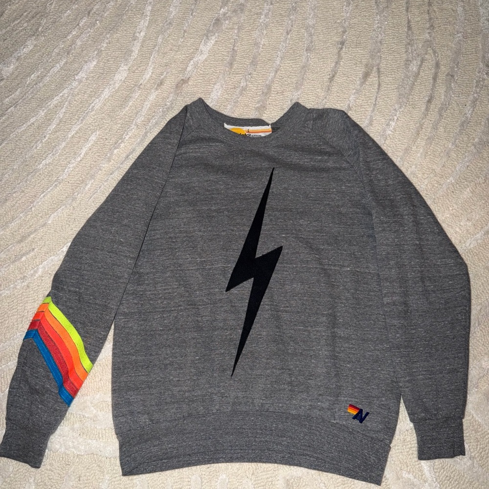 Aviator Nation Gray Sweater with Black Lightning Bolt